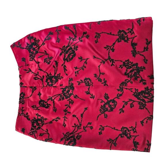 Rare Vintage 90s Christina Perrin Red Satin Beaded Floral Knee Length Skirt Sz 6 - Picture 2 of 7